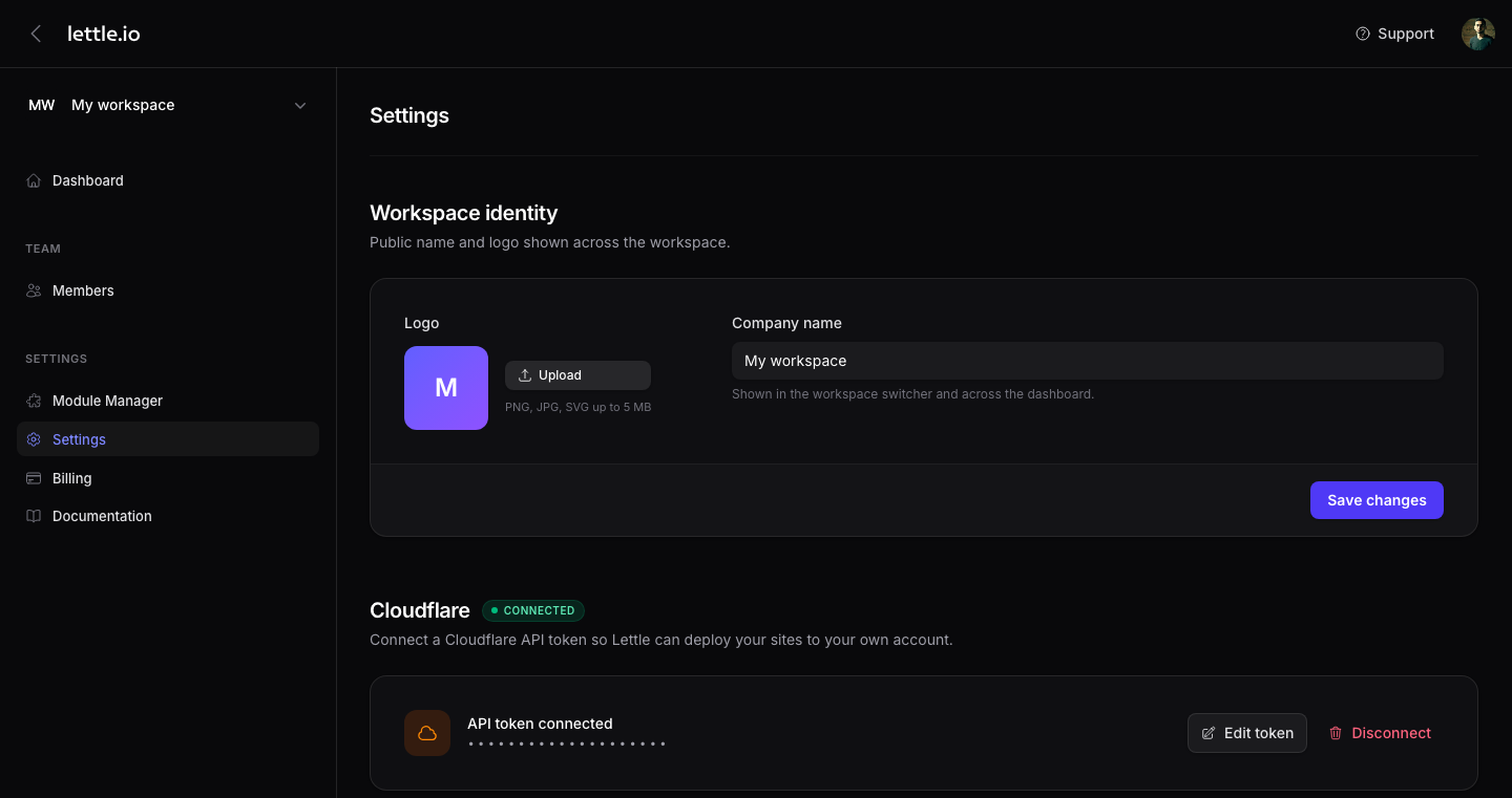 Workspace settings with the Cloudflare credentials card