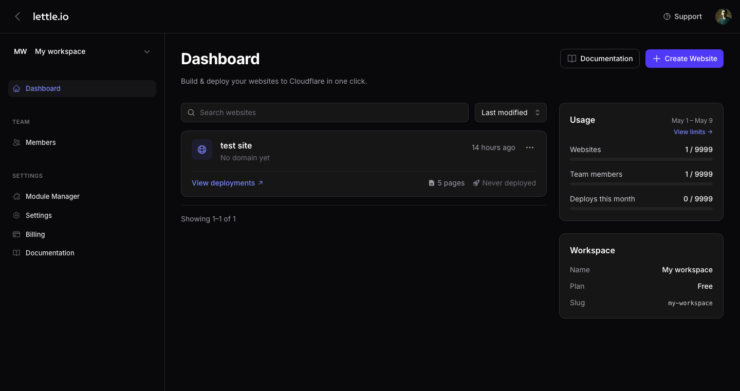 Websites list with the New website button highlighted