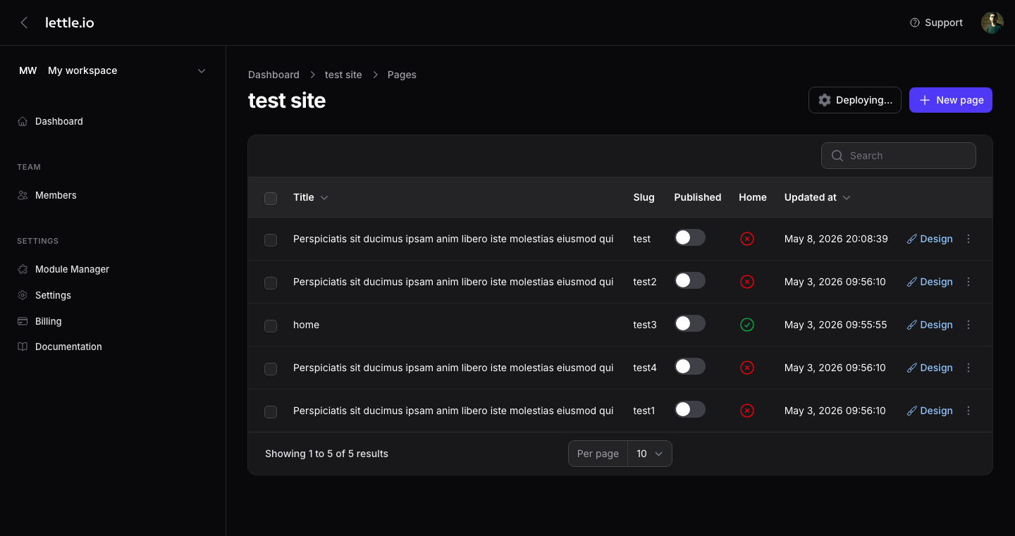Pages list with Published and Home toggles plus the green Deploy button